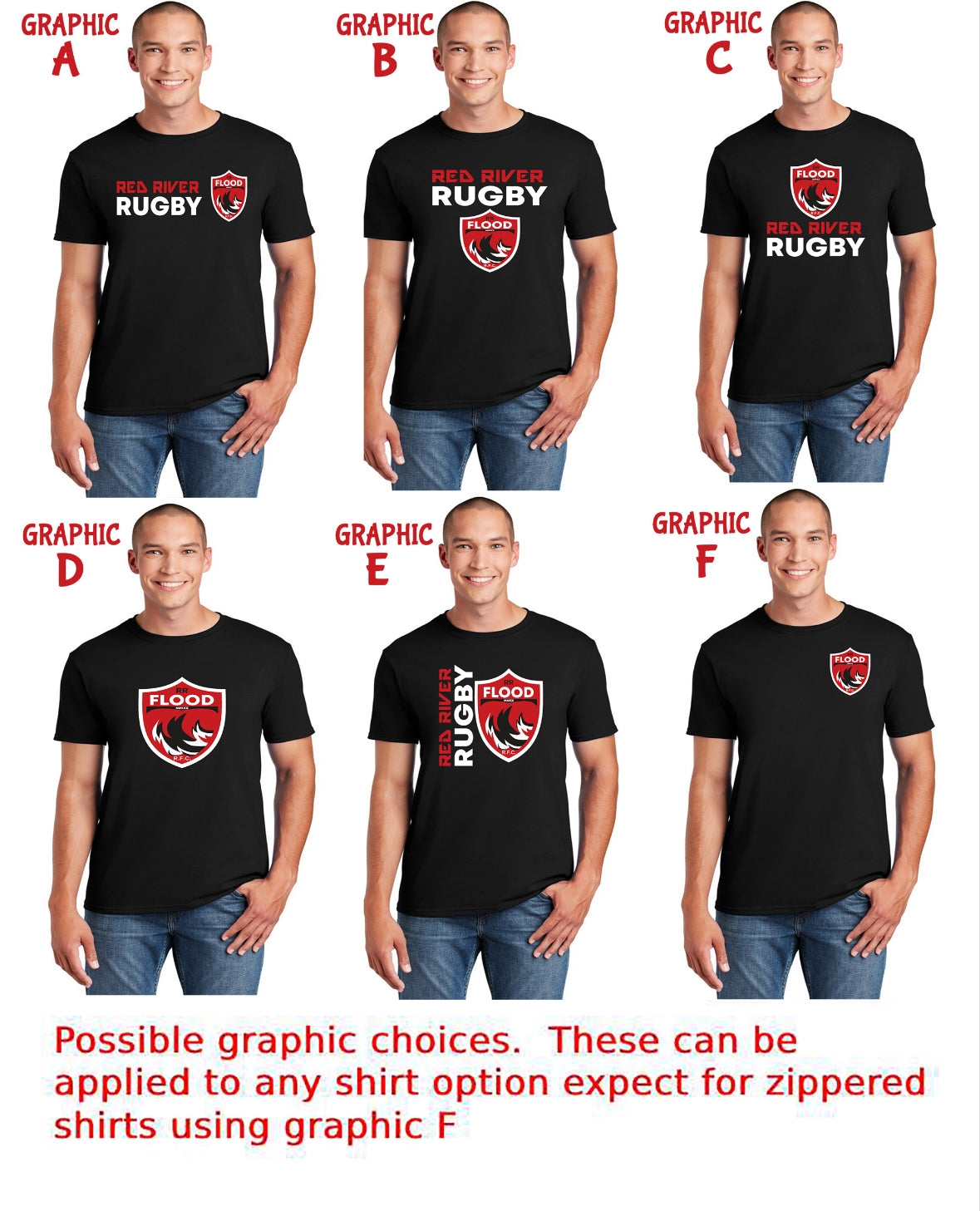 T shirt with Red River Flood Rugby Logo