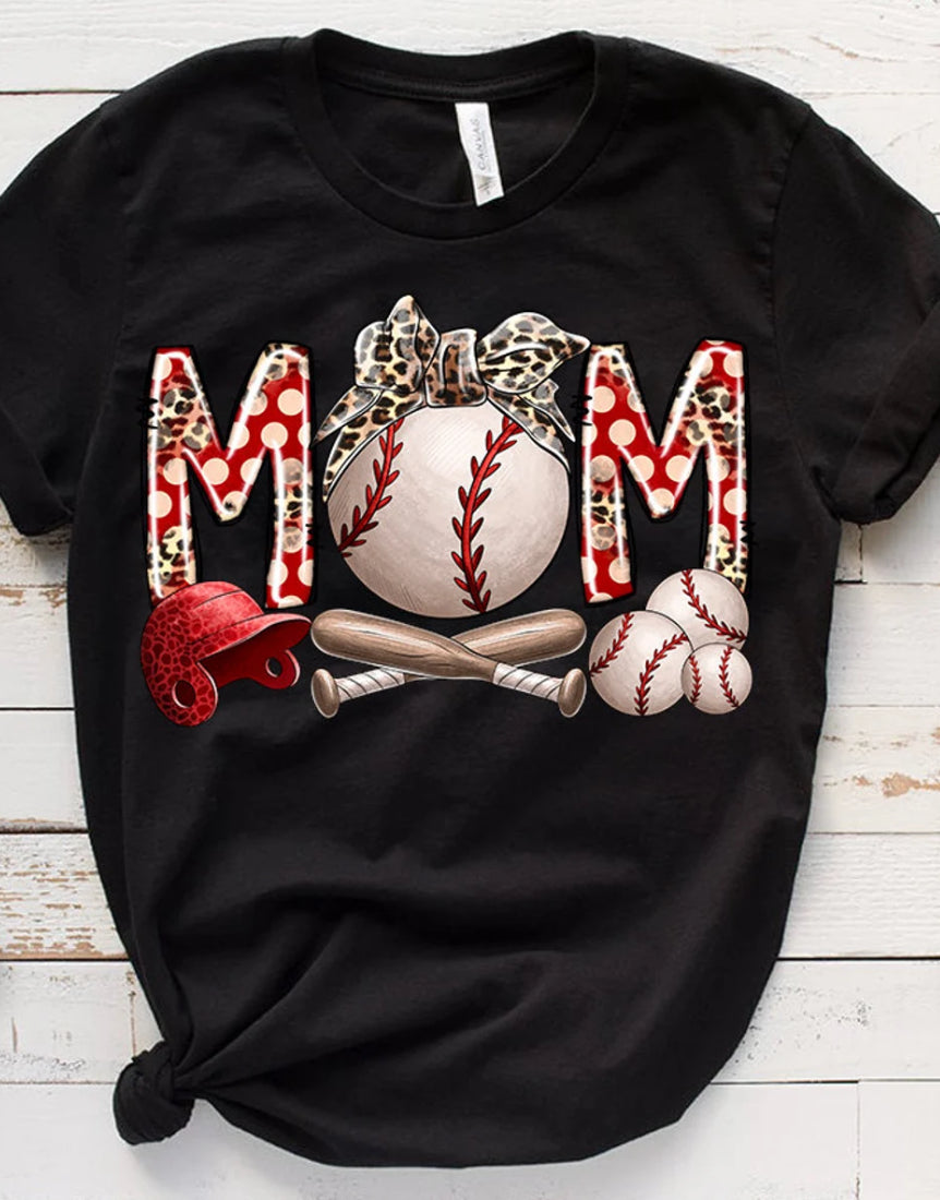 Baseball Mom Leopard Bow T-shirt HEY MAMA GRAPHICS