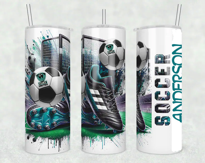 20oz Soccer Tumbler with name HEY MAMA GRAPHICS
